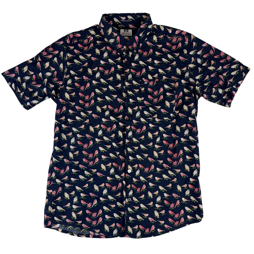 Weekend Offender Button Down Shirt Mens Large Navy Blue Bird Print Short Sleeve